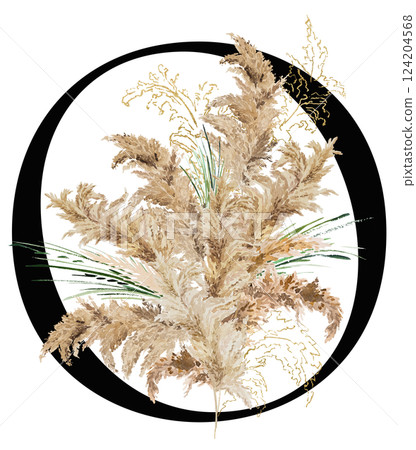 Black letter O with watercolor biege and golden dried pampas grass, tropical wedding illustration Black letter O with watercolor biege and golden dried pampas grass, tropical wedding illustration 124204568