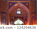 Colourful gold painting of arches and domes of Tilla-Kari Madrasah. Samarkand, Uzbekistan. 124204636