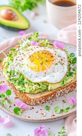 Delicious avocado toast topped with a sunny-side-up egg and fresh herbs on a stylish plate 124204672