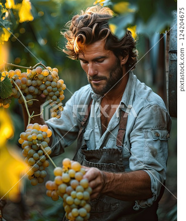 Harvesting grapes in a vineyard during golden hour with a focused farmer 124204675