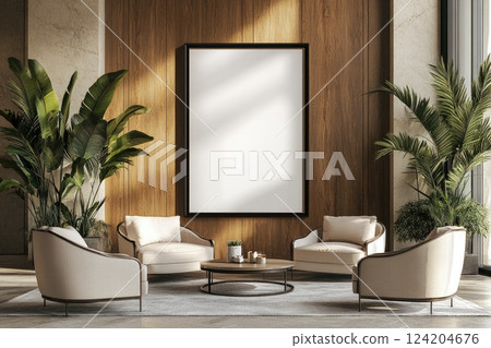 Modern interior design featuring elegant seating arrangement with empty frame and plants in stylish lounge area 124204676