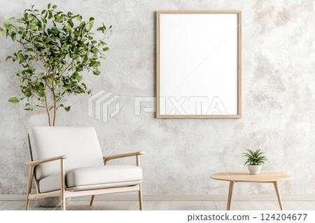 Modern interior design featuring a minimalist chair, blank frame, and decorative plants in a neutral space 124204677