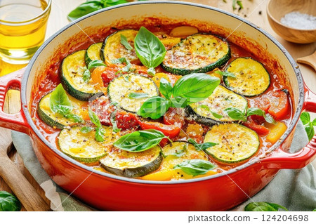 Vegetable stew with fresh basil in a red pot on a wooden table with olive oil and spices in the background 124204698