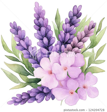 Lavender and pink flowers arranged with green leaves in a delicate watercolor style, perfect for spring decor or floral design inspiration 124204728