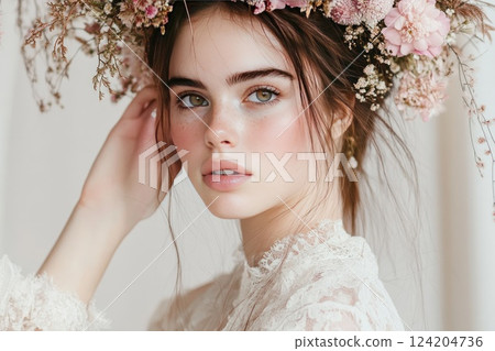 Portrait of a young woman with floral crown in soft lighting showcasing natural beauty and elegance in a serene indoor setting Portrait of a young woman with floral crown in soft lighting showcasing natural beauty and elegance in a serene indoor setting 124204736