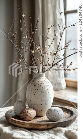 Decorative vase with branches and speckled eggs on a wooden tray in a softly lit room Decorative vase with branches and speckled eggs on a wooden tray in a softly lit room 124204740