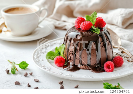 Indulgent chocolate dessert served with fresh raspberries and mint leaves alongside a cup of coffee 124204761