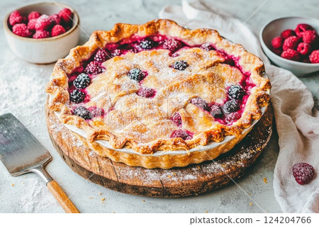 Delicious berry pie on wooden board with fresh raspberries in bowls at a rustic kitchen setting Delicious berry pie on wooden board with fresh raspberries in bowls at a rustic kitchen setting 124204766