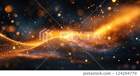 Abstract golden and blue particles creating a shimmering wave effect in a dark background at night 124204779