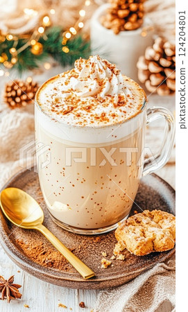 Delicious latte topped with whipped cream and cookie served during holiday season 124204801
