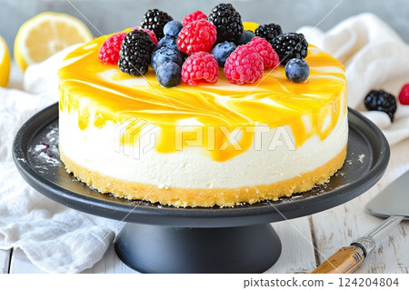 Delicious cheesecake topped with assorted berries and a mango glaze on a black serving plate Delicious cheesecake topped with assorted berries and a mango glaze on a black serving plate 124204804