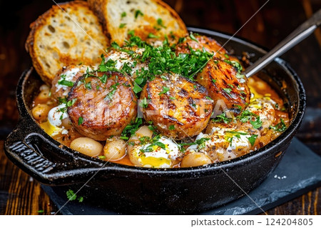 Flavors of a hearty breakfast dish with sausages, poached eggs, and beans in a rustic setting Flavors of a hearty breakfast dish with sausages, poached eggs, and beans in a rustic setting 124204805