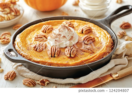 Delicious pumpkin pie with whipped cream and pecans served in a skillet, perfect for autumn celebrations 124204807