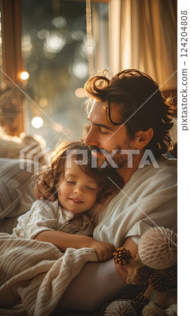 Father and child enjoying a cozy moment together indoors during golden hour light 124204808