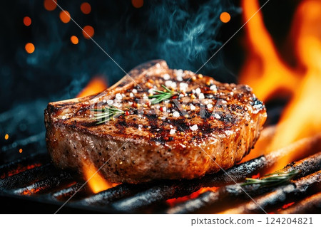 Grilled steak sizzling over open flames with herbs in evening barbecue setting 124204821