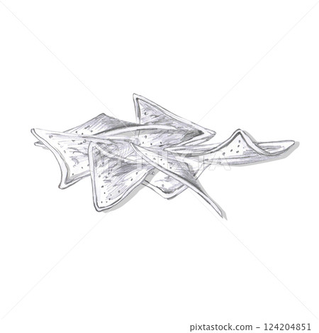 A pile of triangle chips. Isolated pencil illustration of snack in realistic style for restaurant menu design, beer festival, packaging, bar interior A pile of triangle chips. Isolated pencil illustration of snack in realistic style for restaurant menu design, beer festival, packaging, bar interior 124204851