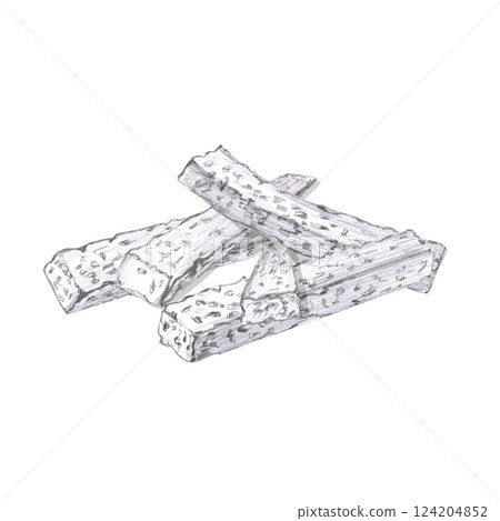 A pile of crackers, croutons. Isolated pencil illustration of a snack in a realistic style for the design of a restaurant menu, beer festival, packaging, bar interior. A pile of crackers, croutons. Isolated pencil illustration of a snack in a realistic style for the design of a restaurant menu, beer festival, packaging, bar interior. 124204852