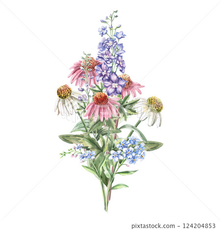 Bouquet of delphinium, echinacea, forget-me-nots. Isolated watercolor illustration of flowers in a realistic style for holiday decoration, textile printing, gardening blog design. 124204853