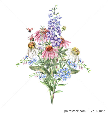 Bouquet of delphinium, echinacea, forget-me-nots, buds and ladybird. Isolated watercolor illustration of flowers for holiday decoration, textile printing, gardening blog design. 124204854