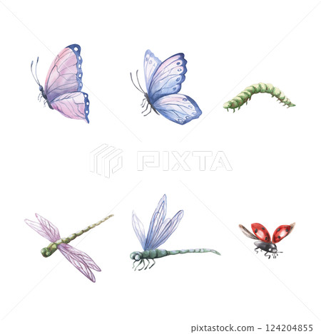 Set of insects butterflies, dragonflies, ladybug. Isolated watercolor illustration for postcards, holidays, printing on clothes, fabric, posters. Set of insects butterflies, dragonflies, ladybug. Isolated watercolor illustration for postcards, holidays, printing on clothes, fabric, posters. 124204855