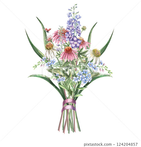 Bouquet of echinacea, forget-me-nots, delphinium, tied with satin pink ribbon. Isolated watercolor illustration of flowers for textile design, printing on fabric , posters, decorative elements. 124204857