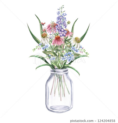 Bouquet of echinacea, forget-me-nots, delphinium in a transparent jar. Isolated watercolor illustration of flowers for textile design, printing on fabric and clothes, posters, decorative elements. Bouquet of echinacea, forget-me-nots, delphinium in a transparent jar. Isolated watercolor illustration of flowers for textile design, printing on fabric and clothes, posters, decorative elements. 124204858