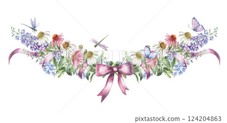 Central composition with a flowers of echinacea, delphinium,forget-me-nots,dragonflies, butterflies. Isolated watercolor illustration of flowers for textile design, printing on fabric and clothes. 124204863