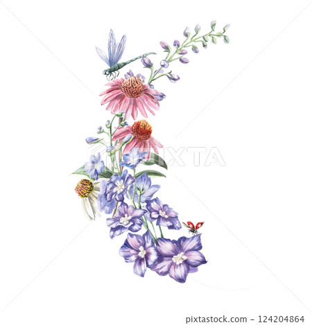 Curved composition of flowers echinacea, delphinium and dragonflies with ladybug. Isolated watercolor illustration of flowers for textile design, printing on fabric, posters, decorative elements. 124204864