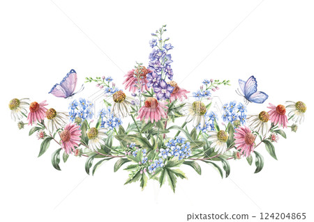 Central curved composition of flowers echinacea, forget-me-nots, delphinium and butterflies. Isolated watercolor illustration of flowers for textile design, printing on fabric and clothes, posters. 124204865