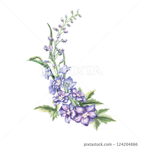 Curved composition with dilphinium flowers, caterpillar. Isolated watercolor illustration of flowers in realistic style for textile design, printing on fabric and clothes, posters. 124204866