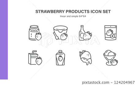 Strawberry Products Vector Icon Set. Jam, Yogurt, Juice, Dried Strawberries, Ice Cream, Sweets, Puree. Editable Linear Collection of Isolated Strawberry Food and Drinks on White Background. Strawberry Products Vector Icon Set. Jam, Yogurt, Juice, Dried Strawberries, Ice Cream, Sweets, Puree. Editable Linear Collection of Isolated Strawberry Food and Drinks on White Background. 124204967