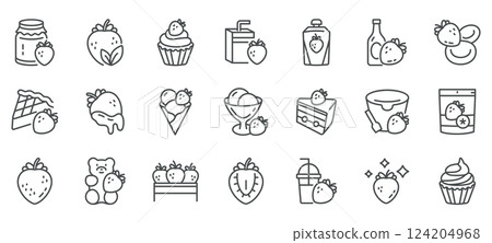Strawberry Products Vector Icons Set. Jam, Juice, Yogurt, Sauce, Ice Cream, Fresh Berries, Organic Food, Farming, Packaged Goods, Dried Snacks, Smoothie, Sweet Desserts, Strawberry Flavoured Sweets Strawberry Products Vector Icons Set. Jam, Juice, Yogurt, Sauce, Ice Cream, Fresh Berries, Organic Food, Farming, Packaged Goods, Dried Snacks, Smoothie, Sweet Desserts, Strawberry Flavoured Sweets 124204968
