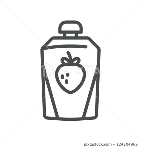 Strawberry Puree Icon. Line Illustration of a Squeeze Pouch with a Strawberry Symbol, Representing Baby Food, Smoothies, and Strawberry Fruit Puree Packaging. 124204969