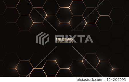Hexagon technology black and gold colored honeycomb abstract background. 124204993