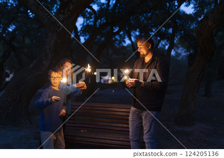 Family playing with sparklers in park at night Family playing with sparklers in park at night 124205136