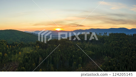 Aerial view of amazing scenery with dark mountain hills covered with forest pine trees at autumn sunrise. Beautiful wild woodland at dawn 124205145