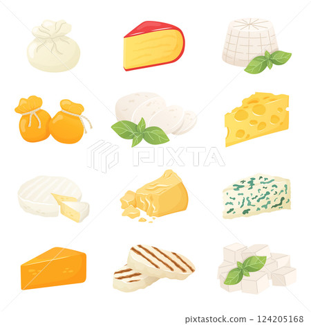 Set of different types of cheese. Mozzarella, Parmesan. Feta, Brie. Gouda, Cheddar. Ricotta, Burrata. Roquefort, Scamorza. Cartoon icons collection. Vector illustration 124205168
