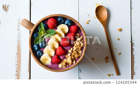 巴西莓碗,上面放有水果和麥片 巴西莓碗,上面放有水果和麥片 124205344