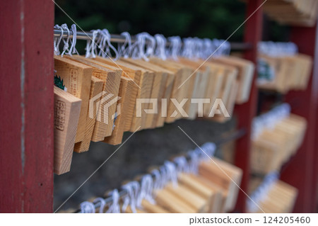 Close-up of traditional wooden ema boards hanging at a Shinto shrine in Japan 124205460