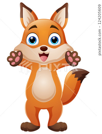 Happy cartoon fox posing on white background 124205609