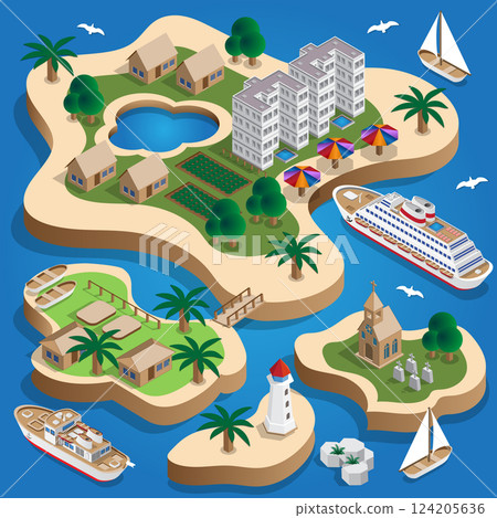 The resort is on the islands. Isometric. Vector illustration. The resort is on the islands. Isometric. Vector illustration. 124205636