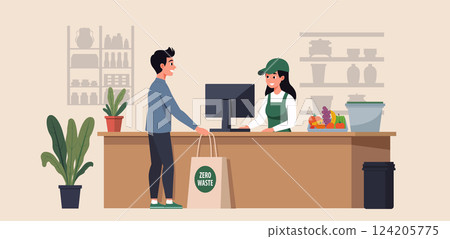 Vector illustration of a cashier and customer interaction at checkout Vector illustration of a cashier and customer interaction at checkout 124205775