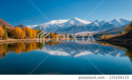 Beautiful autumn landscape reflected in the water 124206110