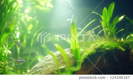Close-up of a stunning underwater aquascape, featuring a natural-style aquascaping layout with moss-covered rocks, driftwood, and vibrant freshwater fish, soft lighting creating an ethereal effect 124206167