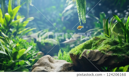 Close-up of a stunning underwater aquascape, featuring a natural-style aquascaping layout with moss-covered rocks, driftwood, and vibrant freshwater fish, soft lighting creating an ethereal effect 124206168