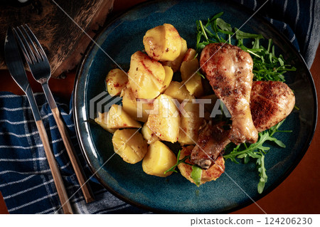Baked chicken drumsticks with potatoes. 124206230