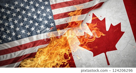 Burning US and Canadian Flags Depicting Conflict or Heated Political Issues 124206296