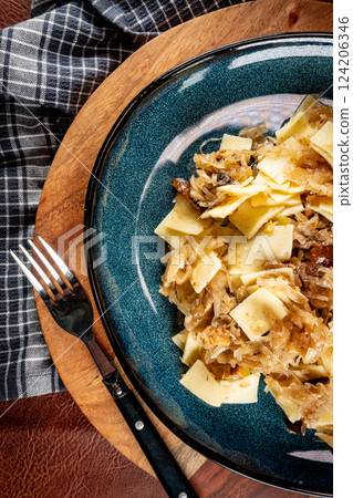 Pasta with sauerkraut and mushrooms. Pasta with sauerkraut and mushrooms. 124206346