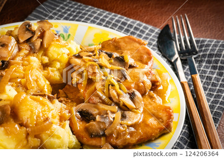 Pieces of pork stewed with mushrooms. Pieces of pork stewed with mushrooms. 124206364