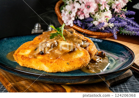 Potato cutlets with mushroom sauce. Potato cutlets with mushroom sauce. 124206368